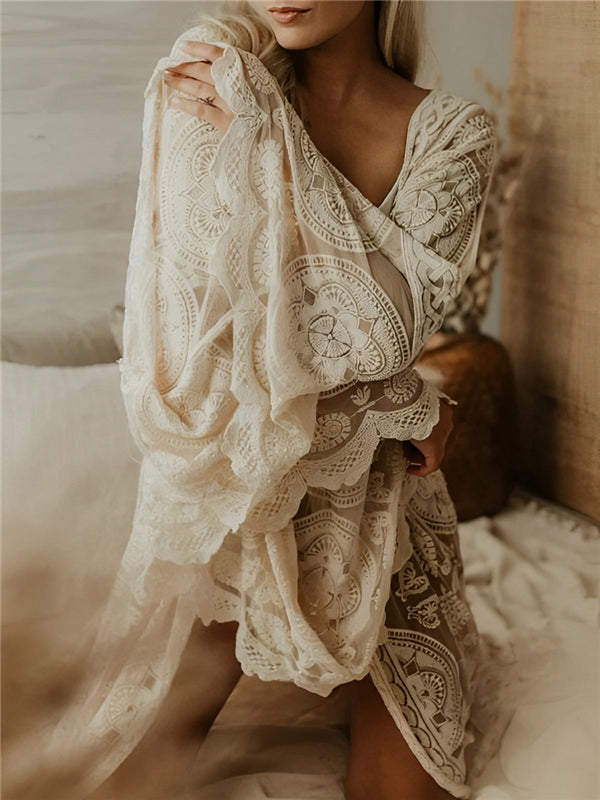 White Lace Belt Open Belly Sheer Cover Up Boho Maternity Photoshoot Maxi Dress
