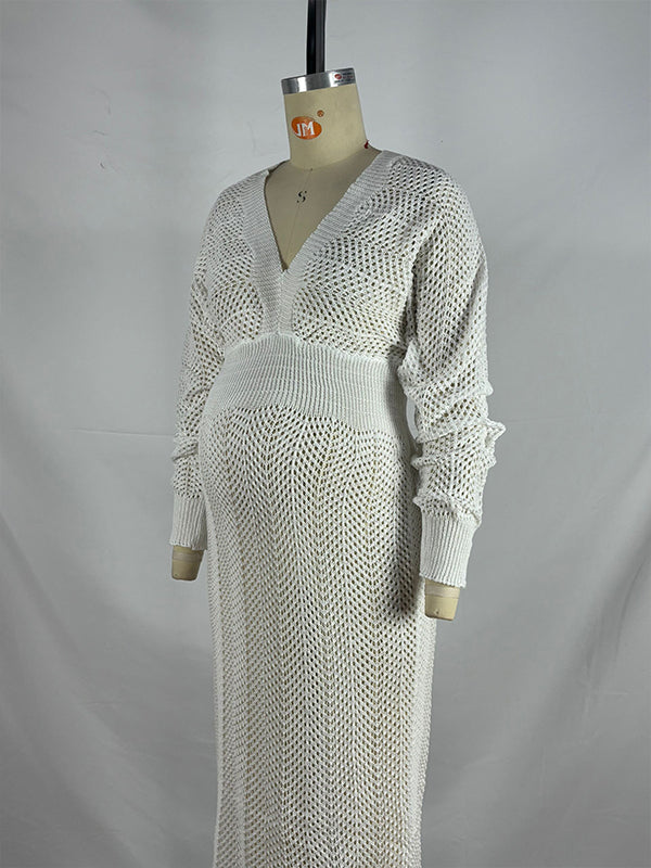 White Crochet Knit Hollow Out Deep V-neck Lantern Sleeve Bodycon Elegant Going Out Maternity Sweater Maxi Dress