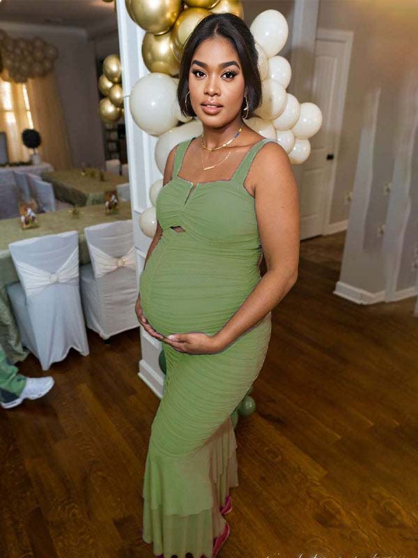 Condole Belt Ruched Bodycon Cut Out Mermaid Sleeveless Babyshower Maternity Maxi Dress