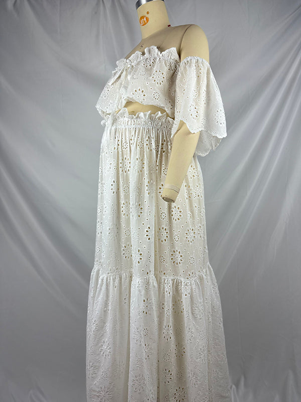 White Off Shoulder Ruffle Side Slit Big Swing Boho Maternity Photoshoot Maxi Dress