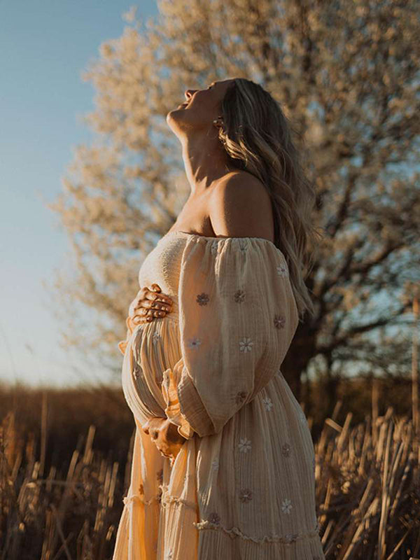 Apricot Daisy Off Shoulder Ruffle Boho Maternity Photoshoot Maxi Dress