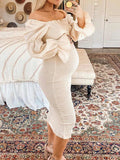 Ruffle Off Shoulder Long Sleeve Bodycon Baby Shower Maternity Midi Dress