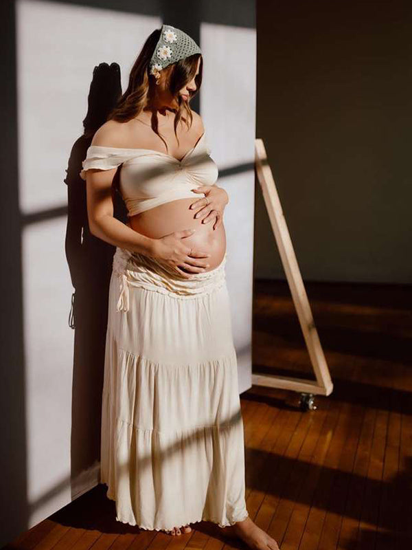 Ivory White Two Piece Set Off Shoulder Ruffle Falbala Boho Photoshoot Maxi Dress