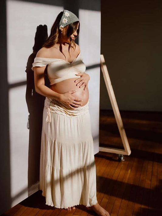 Ivory White Two Piece Set Off Shoulder Ruffle Falbala Boho Photoshoot Maxi Dress