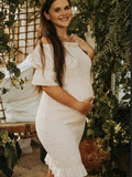 Ruffle Off Shoulder Long Sleeve Bodycon Baby Shower Maternity Midi Dress