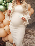 Ruffle Off Shoulder Long Sleeve Bodycon Baby Shower Maternity Midi Dress