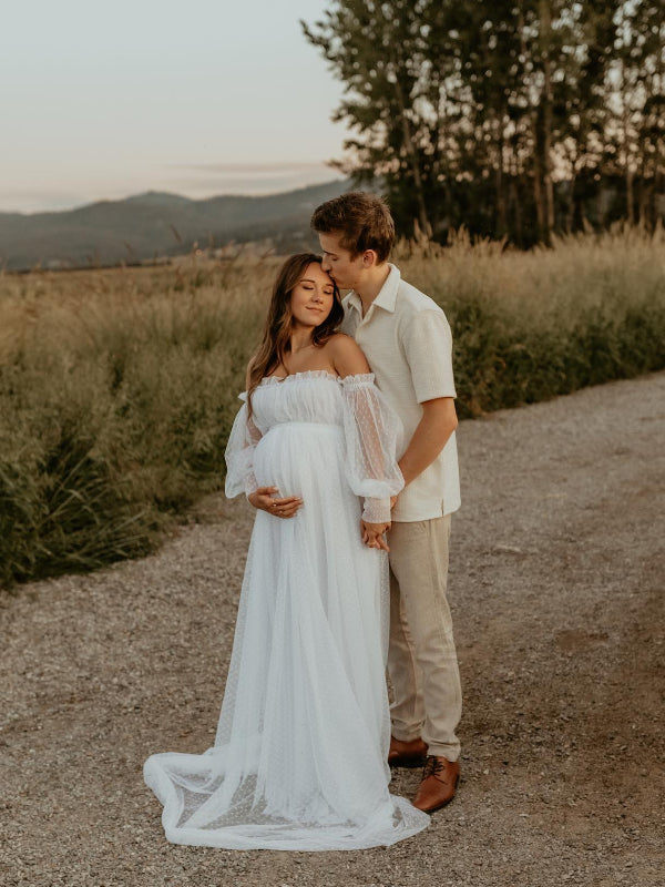 White Off Shoulder Elegant Tulle Photoshoot  Maternity Maxi Dress