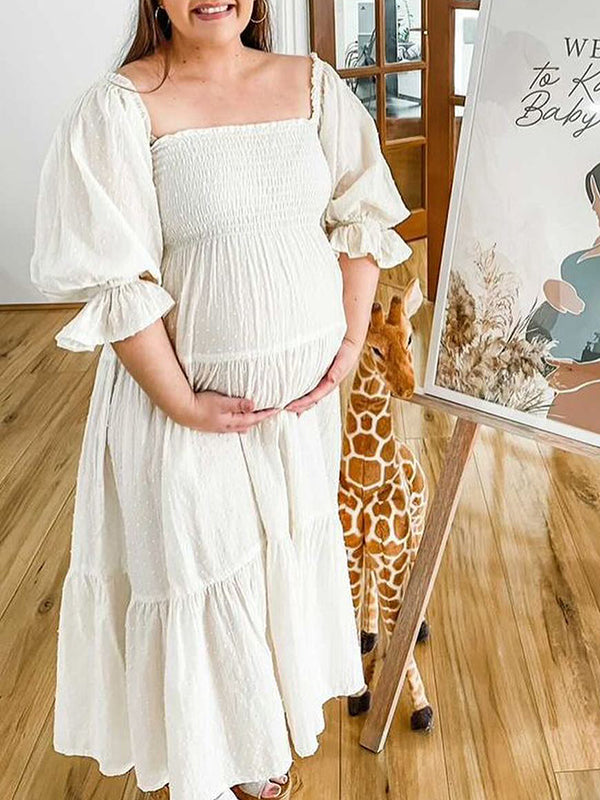 White Off Shoulder Ruffle Shirred Boat Neck Puff Sleeve Bow Bohemian Maternity Photoshoot Dress