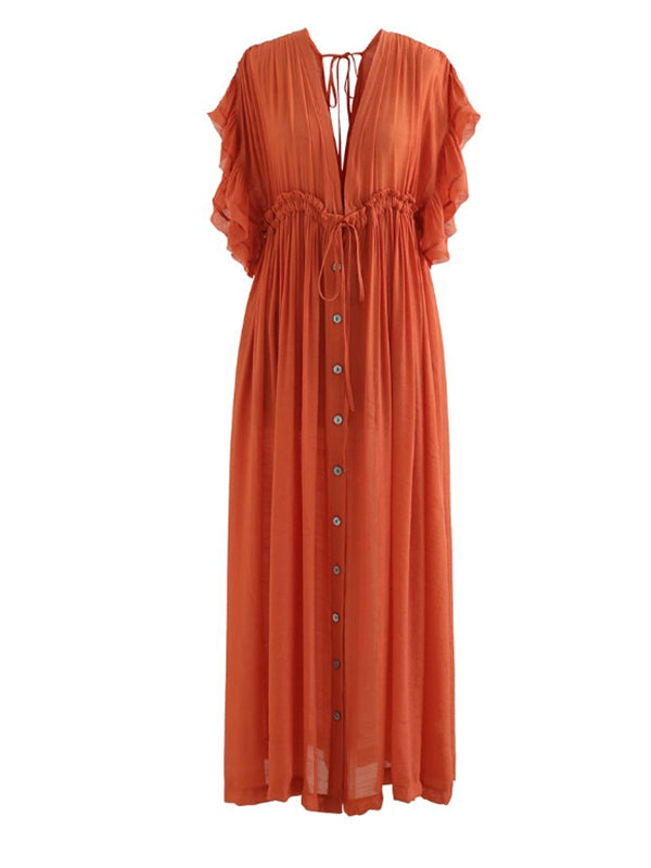 Single Breasted Drawstring Ruffle Tie Back Boho Maternity Photoshoot Maxi Dress