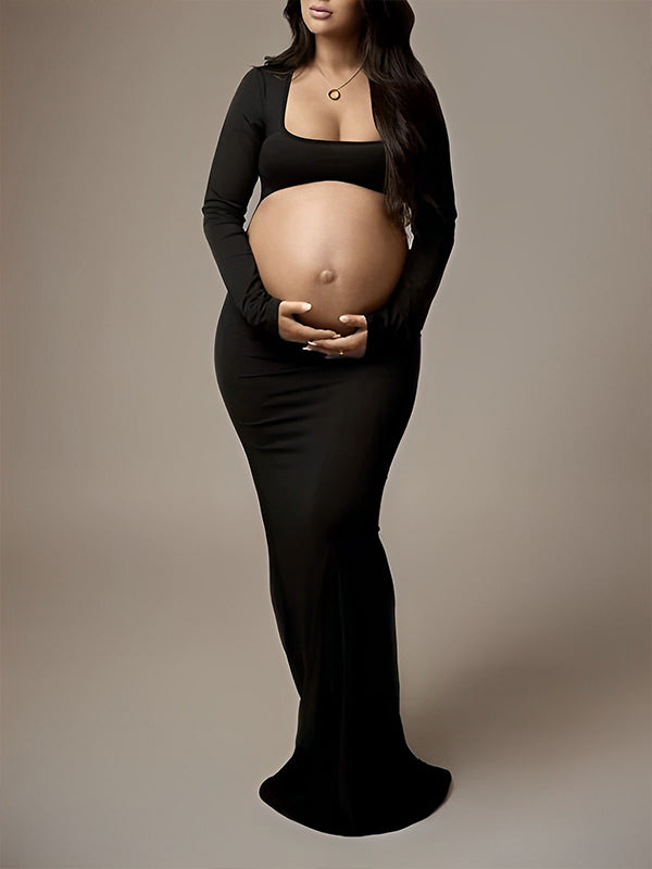 Black Cut Out Mermaid Crop Long Sleeve Backless Bodycon Cocktail Club Party Photoshoot Maternity Maxi Dress