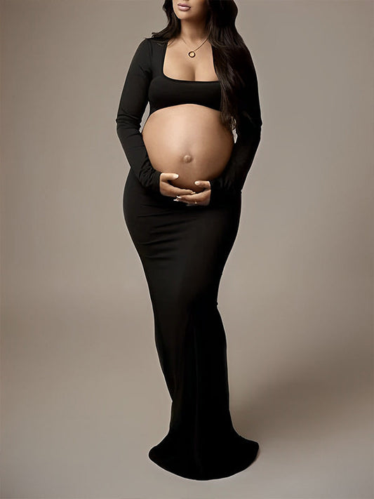 Black Cut Out Mermaid Crop Long Sleeve Backless Bodycon Cocktail Club Party Photoshoot Maternity Maxi Dress