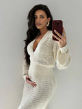 White Crochet Knit Hollow Out Deep V-neck Lantern Sleeve Bodycon Elegant Going Out Maternity Sweater Maxi Dress