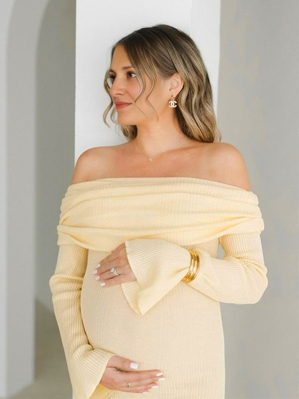 Yellow Knit Off Shoulder Flare Sleeve Bodycon Elegant Photoshoot Maternity Maxi Dress