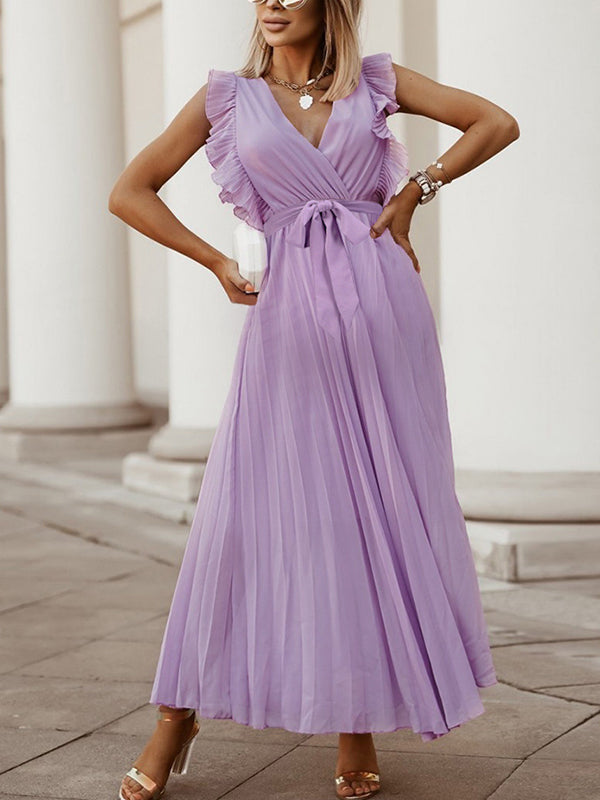 Chiffon Pleated Ruffle Belt Big Swing Elegant Maternity Maxi Dress