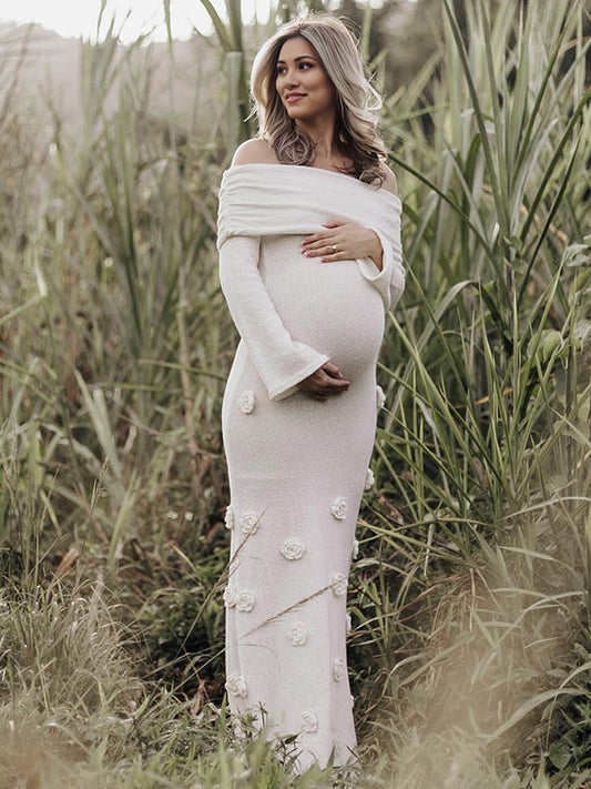 Off Shoulder Knit 3D Flowers Flared Sleeve Elegant Photo Maternity Maxi Dress