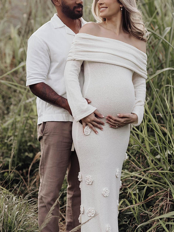 Off Shoulder Knit 3D Flowers Flared Sleeve Elegant Photo Maternity Maxi Dress