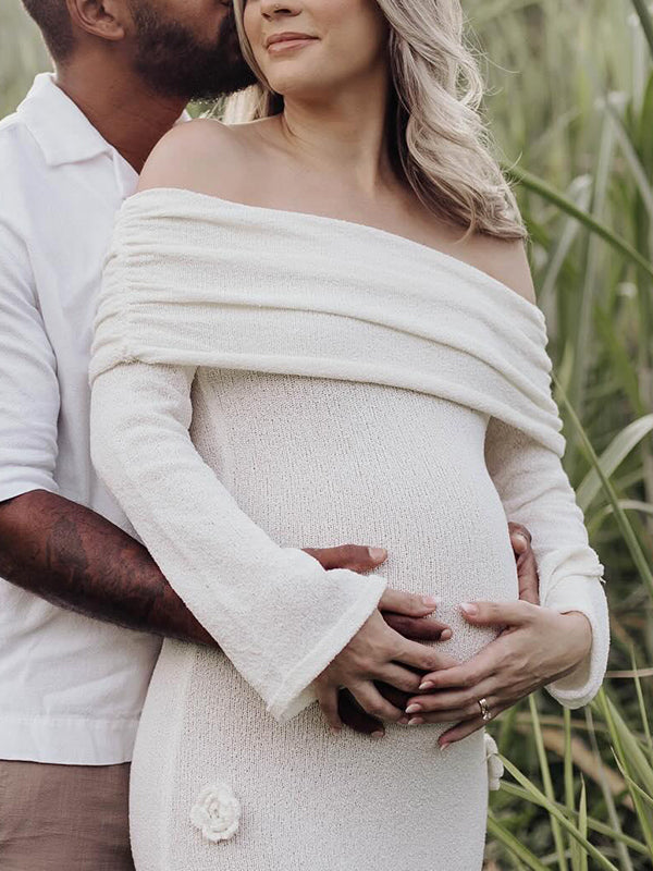 Off Shoulder Knit 3D Flowers Flared Sleeve Elegant Photo Maternity Maxi Dress