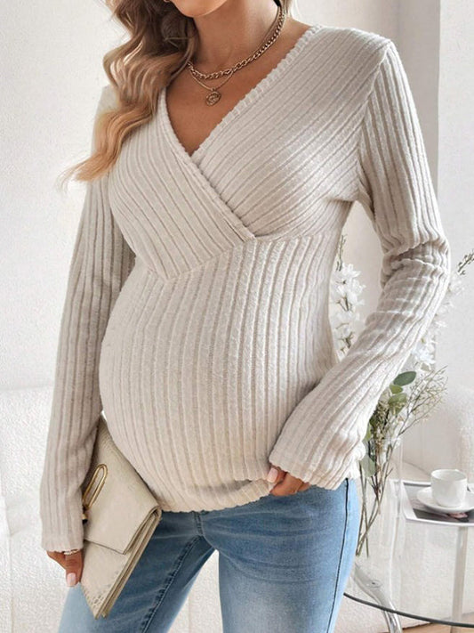 Knit V-Neck Striped Splicing Skinny Top Daily Casual Maternity Sweater