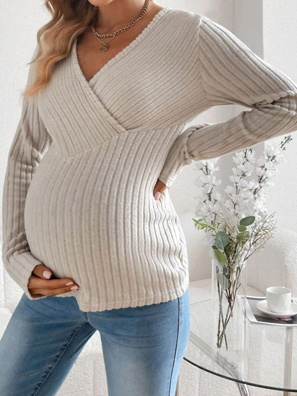 Knit V-Neck Striped Splicing Skinny Top Daily Casual Maternity Sweater