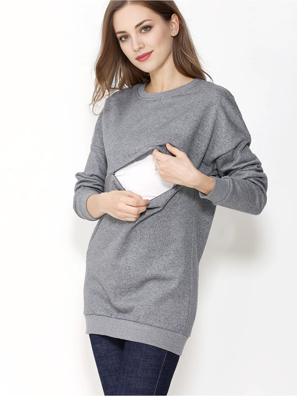Long Sleeve Round Neck Solid Color Maternity Nursing Sweatshirt