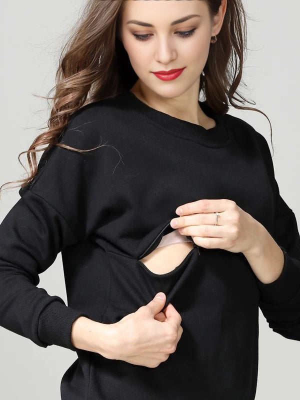 Long Sleeve Round Neck Solid Color Maternity Nursing Sweatshirt