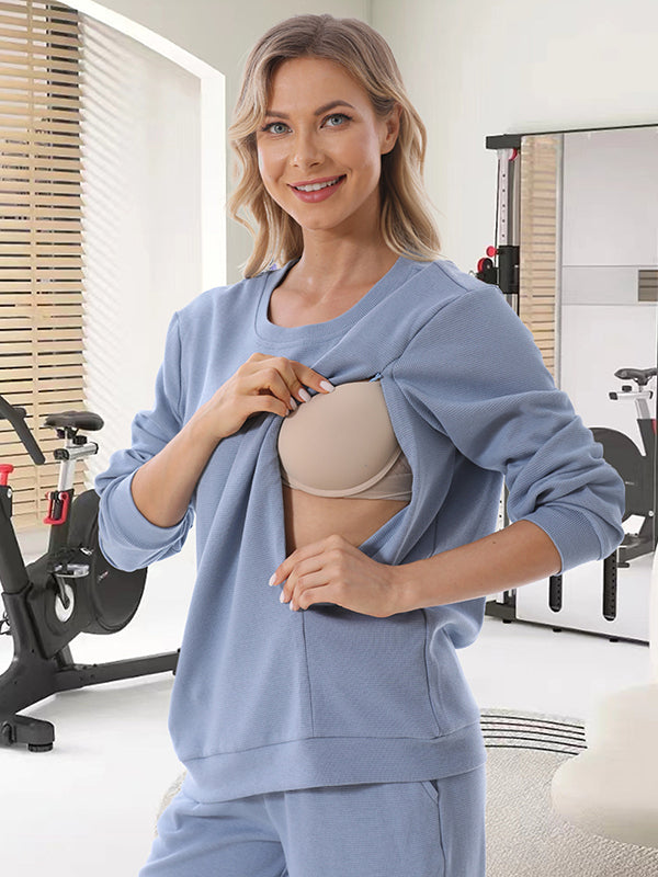 Pregnancy Casual Everyday Zipper Round Neck Nursing Sweatshirt