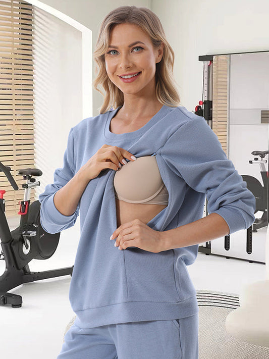 Pregnancy Casual Everyday Zipper Round Neck Nursing Sweatshirt
