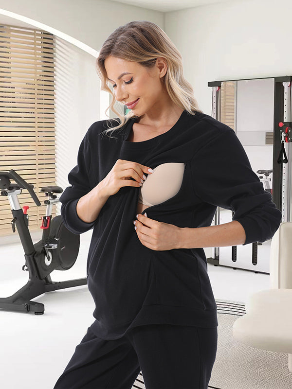 Pregnancy Casual Everyday Zipper Round Neck Nursing Sweatshirt