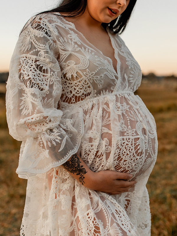 Lace Sheer Ruffle Bohemian Photoshoot Pregnant Woman Maxi Dress