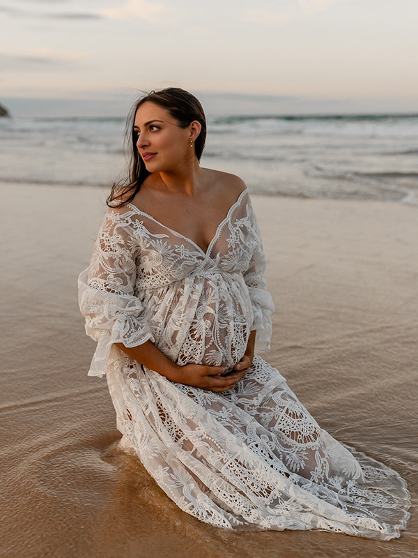 Lace Sheer Ruffle Bohemian Photoshoot Pregnant Woman Maxi Dress