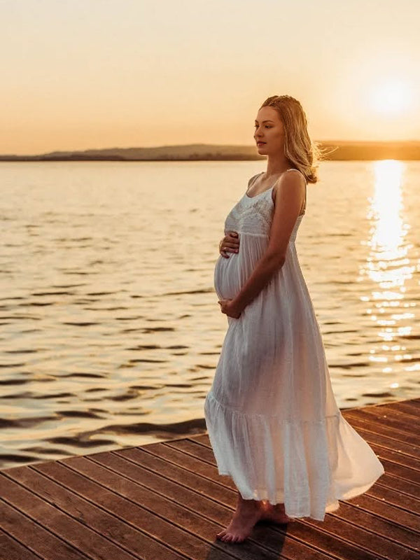 Embroidery Lace Strap Elegant Pregnant Woman Photoshoot Maxi Dress
