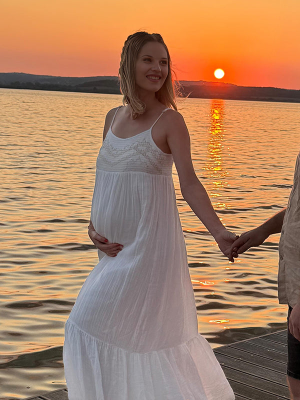 Embroidery Lace Strap Elegant Pregnant Woman Photoshoot Maxi Dress