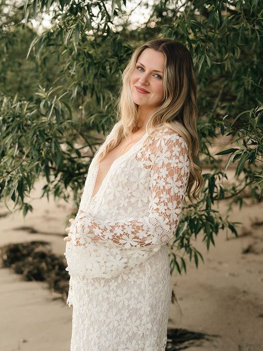 Lace Wedding Trumpet Sleeve Photoshoot Elegant Pregnant Woman Maxi Dress