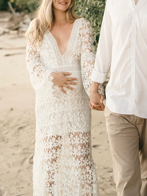 Lace Wedding Trumpet Sleeve Photoshoot Elegant Pregnant Woman Maxi Dress