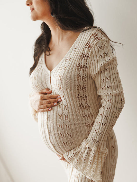 Ruffle Buttoning Cut Molding Photoshoot Elegant Pregnant Woman Maxi Dress