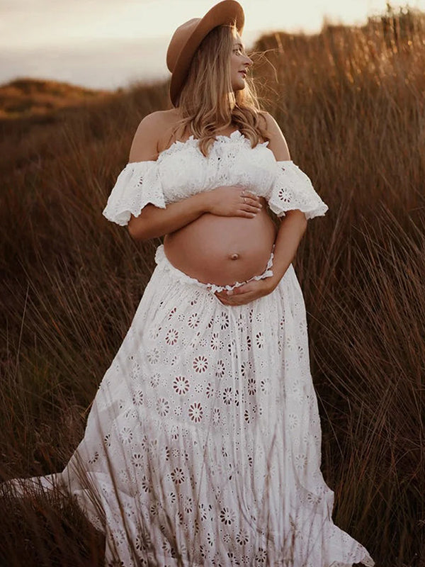 White Off Shoulder Ruffle Side Slit Big Swing Boho Maternity Photoshoot Maxi Dress