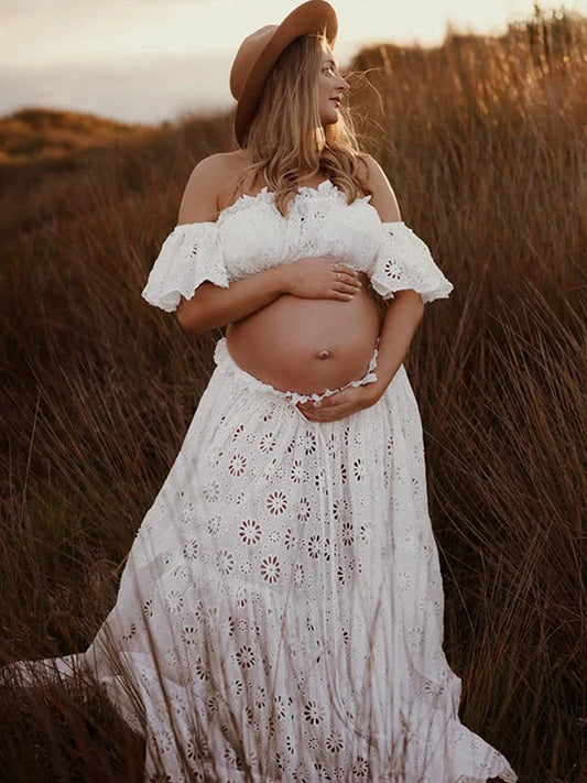 White Off Shoulder Ruffle Side Slit Big Swing Boho Maternity Photoshoot Maxi Dress