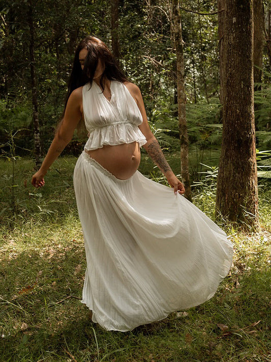 Backless Front Slit Pleated 2 Piece Elegant Chic Baby Shower Maternity Photoshoot Maxi Dress
