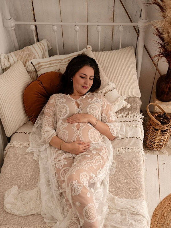 Floral Printed Lace Hollow Out Elegant Beach Maternity Photoshoot Maxi Dress