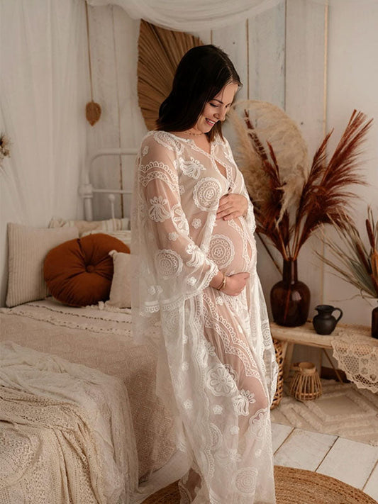 Floral Printed Lace Hollow Out Elegant Beach Maternity Photoshoot Maxi Dress