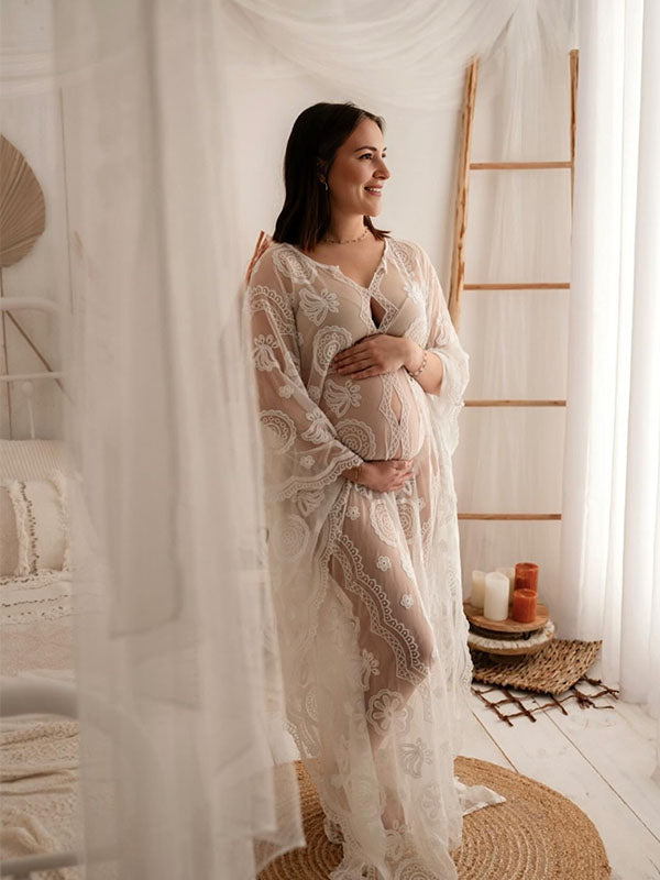 Floral Printed Lace Hollow Out Elegant Beach Maternity Photoshoot Maxi Dress