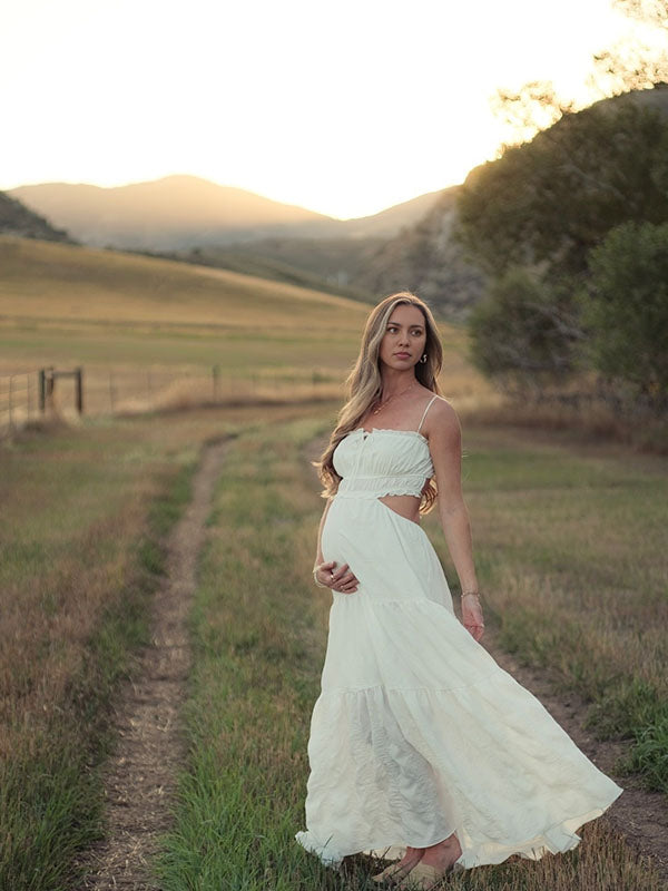 White Cut Out Backless Halter Neck Cami Big Swing Boho Maternity Photoshoot Maxi Dress