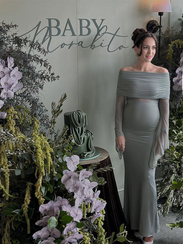 Green Mesh Ruched Off Shoulder Flare Sleeve Elegant Maternity Baby Shower Maxi Dress