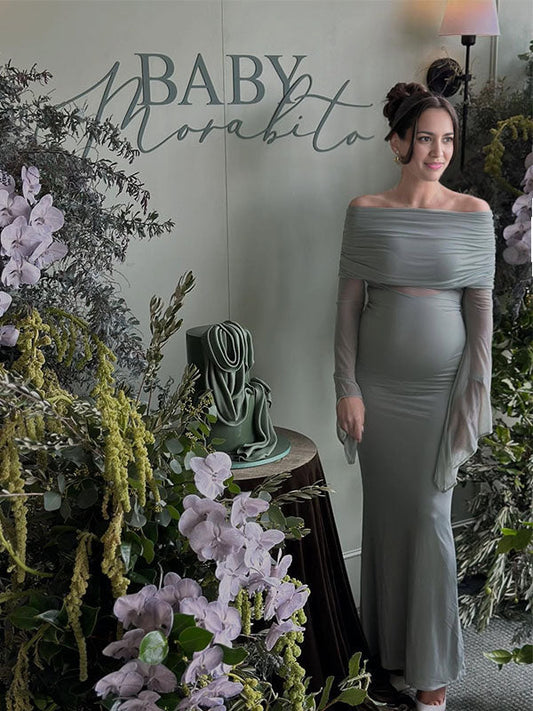 Green Mesh Ruched Off Shoulder Flare Sleeve Elegant Maternity Baby Shower Maxi Dress