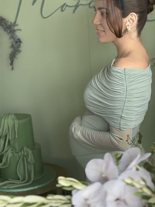 Green Mesh Ruched Off Shoulder Flare Sleeve Elegant Maternity Baby Shower Maxi Dress