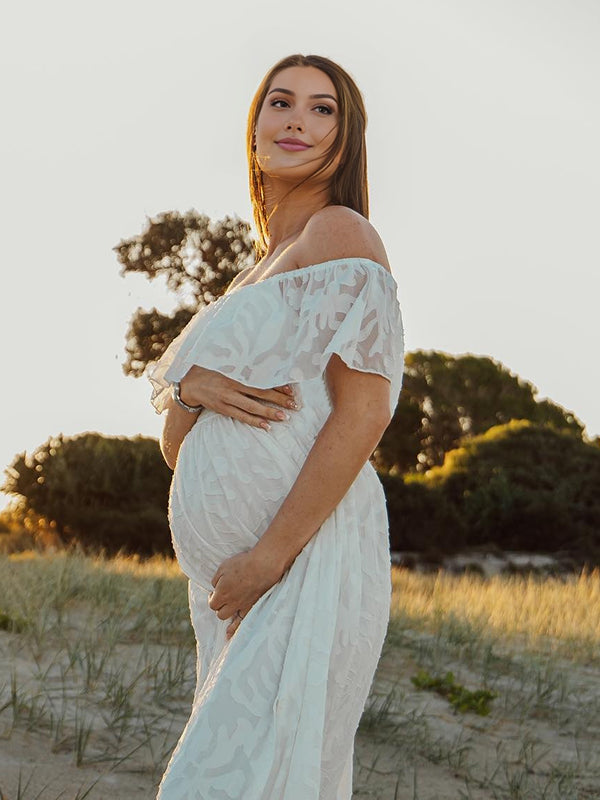 White Lace Off Shoulder Flowy Boho Maternity Photoshoot Maxi Dress