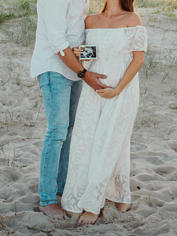White Lace Off Shoulder Flowy Boho Maternity Photoshoot Maxi Dress