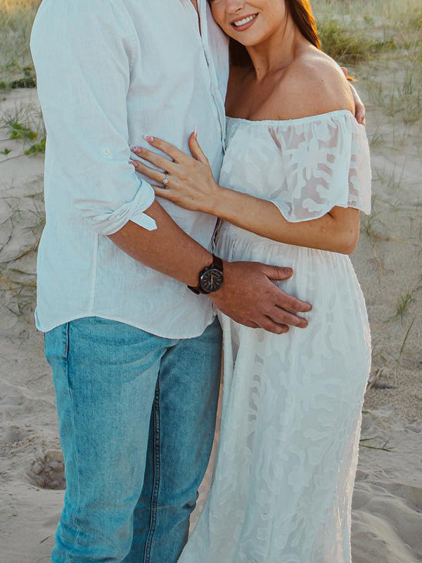 White Lace Off Shoulder Flowy Boho Maternity Photoshoot Maxi Dress