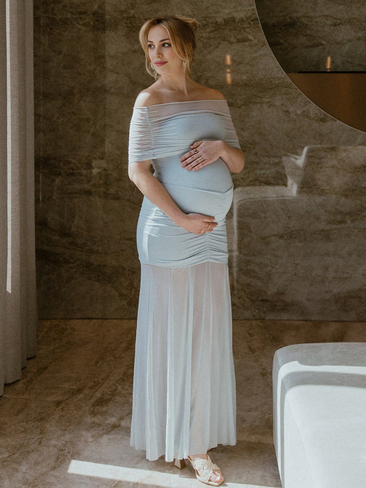 Light Blue Mesh Ruched Off Shoulder Elegant Maternity Photoshoot Maxi Dress