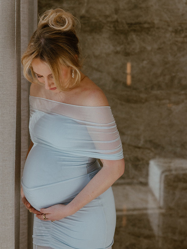 Light Blue Mesh Ruched Off Shoulder Elegant Maternity Photoshoot Maxi Dress